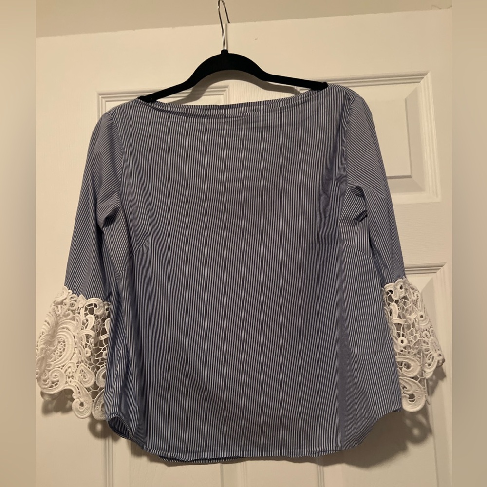 Blue Striped Women's Top with Lace Sleeves size M